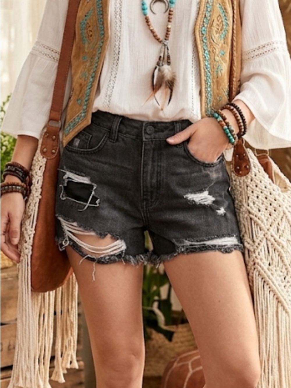 REFUGE- Charcoal Distressed High-Rise Denim Shorts!